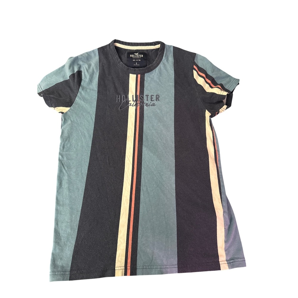 Hollister California Mens Small Striped T-Shirt Blue Charcoal Embroidered Logo